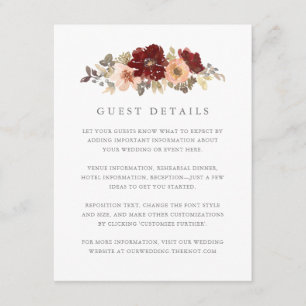 Carte D'accompagnement Burgundy et Peach Floral Mariage Détails au sujet 