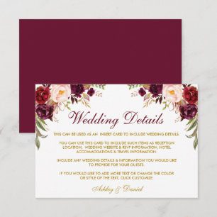 Carte D'accompagnement Burgundy Floral Gold Détails du Mariage Insérer un