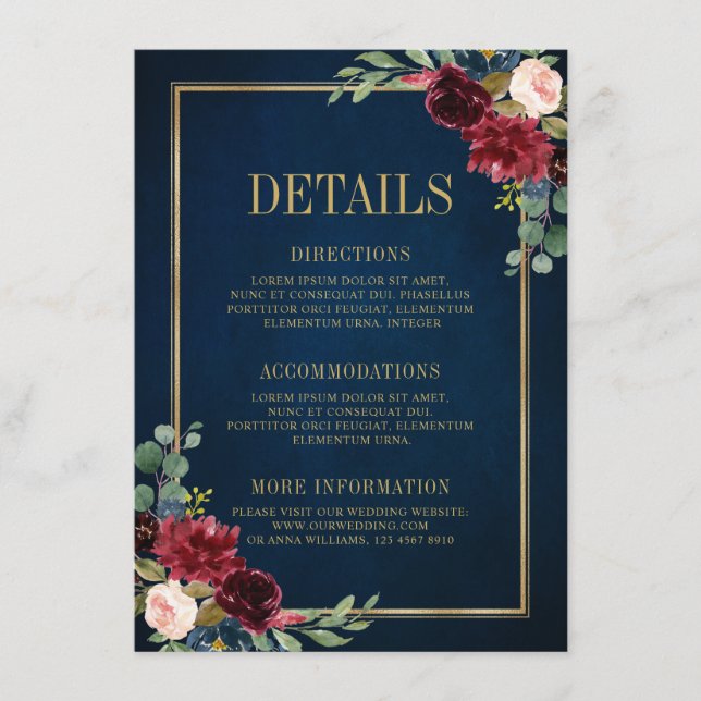 Carte D'accompagnement Burgundy Floral Gold Navy Blue Détails du Mariage (Devant)