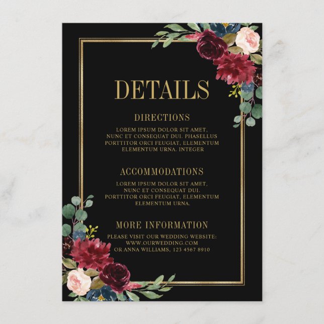 Carte D'accompagnement Burgundy Floral Gold Navy Blue Détails Mariage Enc (Devant)