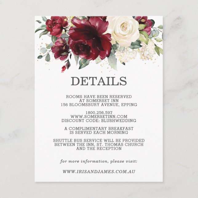 Carte D'accompagnement Burgundy Floral Mariage Informations sur l'invité (Devant)