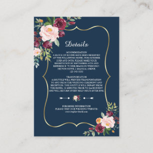 Carte D'accompagnement Burgundy Floral Navy Blue Gold Détails du Mariage