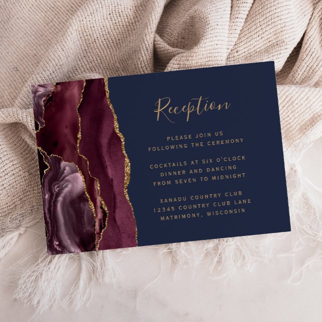 Carte D'accompagnement Burgundy Gold Agate Marine Blue Wedding Réception (Créateur téléchargé)