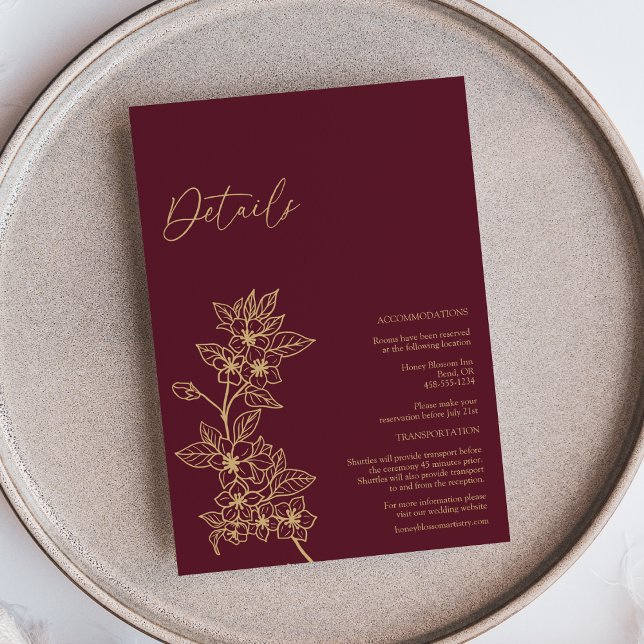 Carte D'accompagnement Burgundy Gold Floral Détails du Mariage (Créateur téléchargé)