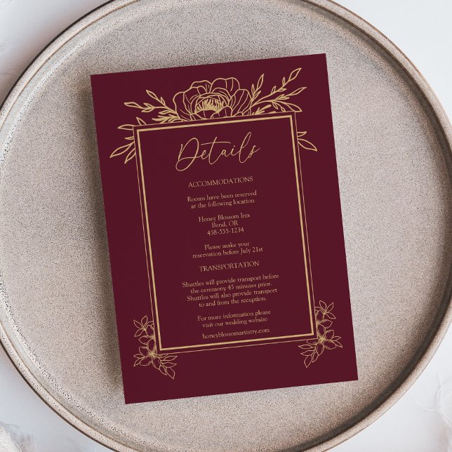 Carte D'accompagnement Burgundy Gold Floral Simple Détails sur le Mariage (Créateur téléchargé)