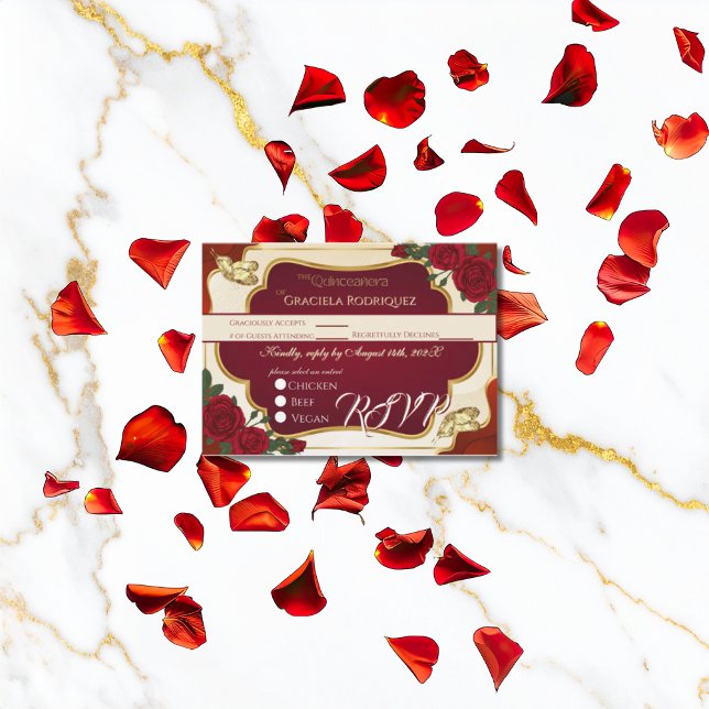 Carte D'accompagnement Burgundy & Gold Rose Quinceañera RSVP Card (Créateur téléchargé)