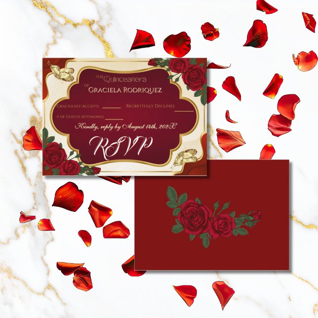 Carte D'accompagnement Burgundy & Gold Rose Quinceañera RSVP Card (Créateur téléchargé)