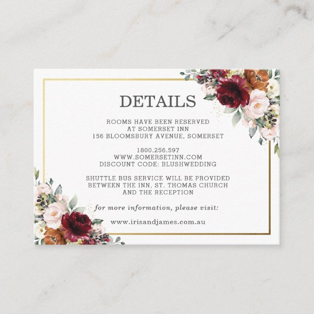 Carte D'accompagnement Burgundy Ivory Orange Floral Détails du Mariage (Devant)