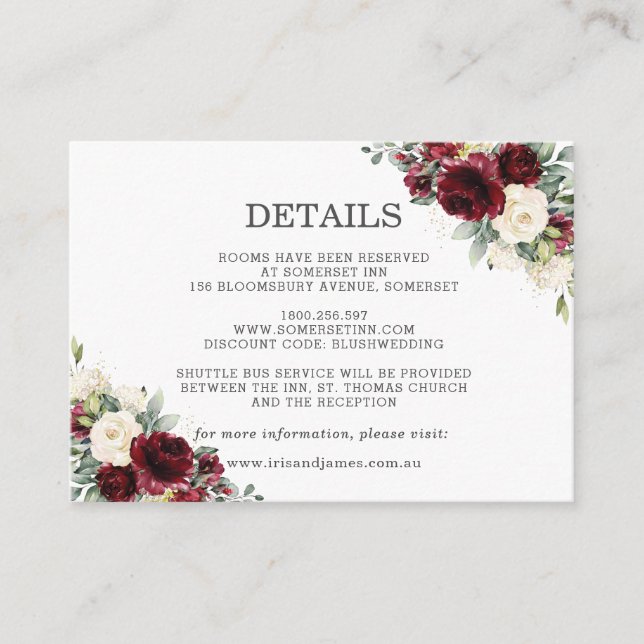 Carte D'accompagnement Burgundy Ivory White Floral Détails du Mariage (Devant)