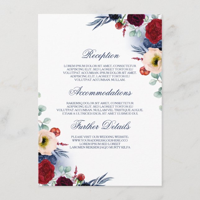 Carte D'accompagnement Burgundy Red et Navy Blue Mariage Information (Devant)