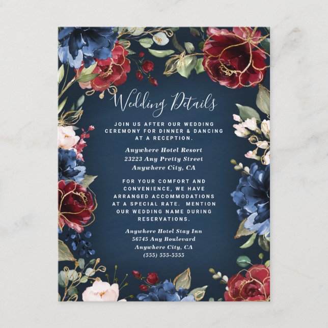 Carte D'accompagnement Burgundy Red Navy Blue Gold et Blush Pink Mariage (Devant)