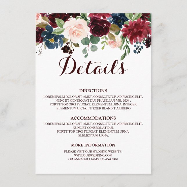 Carte D'accompagnement Burgundy Red Navy Floral Rustic Détails du Mariage (Devant)