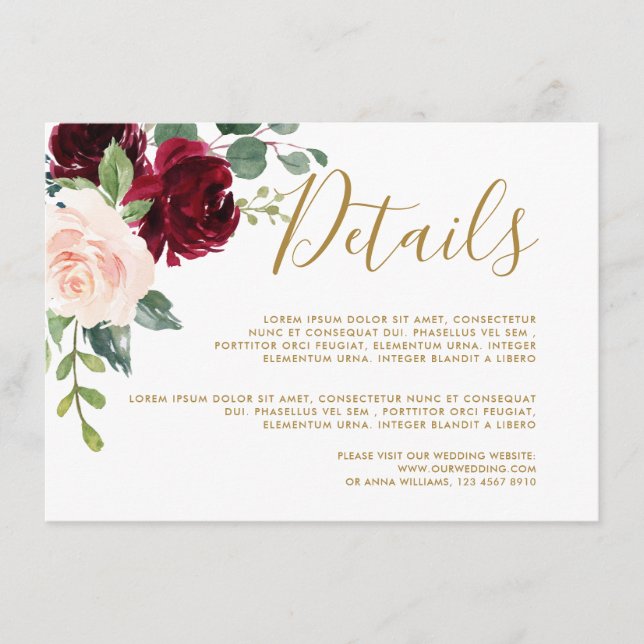 Carte D'accompagnement Burgundy Red Navy Floral Rustic Détails du Mariage (Devant)