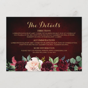 Carte D'accompagnement Burgundy Red Navy Floral Rustic Détails du Mariage