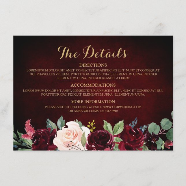 Carte D'accompagnement Burgundy Red Navy Floral Rustic Détails du Mariage (Devant)