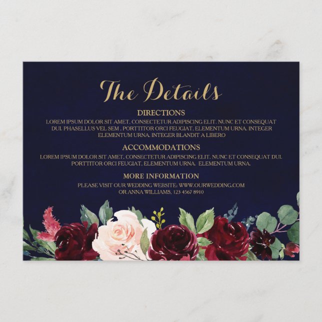 Carte D'accompagnement Burgundy Red Navy Floral Rustic Détails du Mariage (Devant)