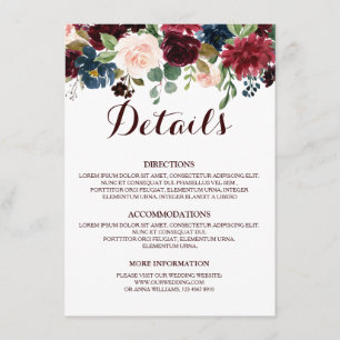 Carte D'accompagnement Burgundy Red Navy Floral Rustic Détails sur le Mar