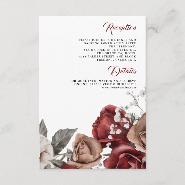 Carte D'accompagnement Burgundy Red Roses Floral Wedding Details (Devant)