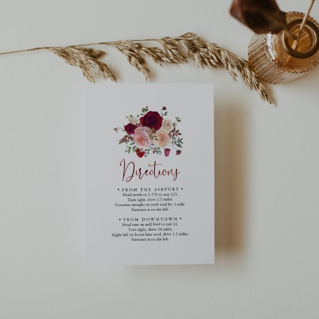 Carte D'accompagnement Burgundy Rose Blush Floral Directions Mariages (Créateur téléchargé)