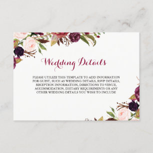 Carte D'accompagnement Burgundy Rouge Floral Mariage de automne Détails d