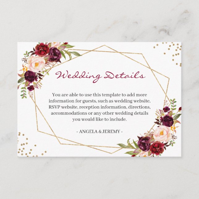 Carte D'accompagnement Burgundy Rouge Floral Or Détails du Mariage géomét (Devant)