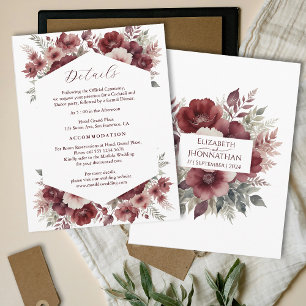 Carte D'accompagnement Burgundy Rustic Floral Aquarelle Détails du Mariag