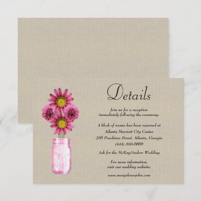 Carte D'accompagnement Burlap Rose Floral Mason Jar Détails du Mariage (Devant / Derrière)