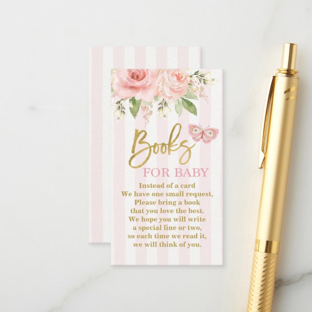 Carte D'accompagnement Butterfly rose baby shower fille apporter un livre (Devant/Arrière en situation)