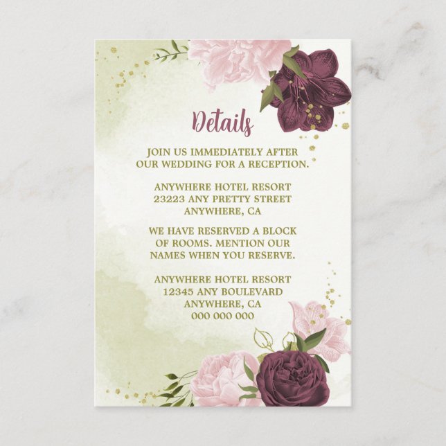 Carte D'accompagnement cabernet rose fleurs vert feuilles (Devant)