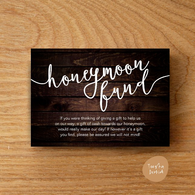 Carte D'accompagnement Cadeau de Lune de Miel, Argent, Mariage Moderne Ru (Honeymoon Fund Cash Wish, a note on gifts Enclosure Card Rustic Dark Wood)