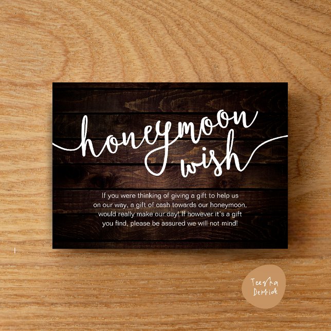 Carte D'accompagnement Cadeau de Lune de Miel en Espèces, Mariage Rustiqu (Honeymoon Fund Cash Wish, a note on gifts Enclosure Card Rustic Dark Wood)