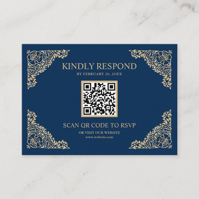 Carte D'accompagnement Cadre bleu et or QR Code RSVP Site Mariage (Devant)