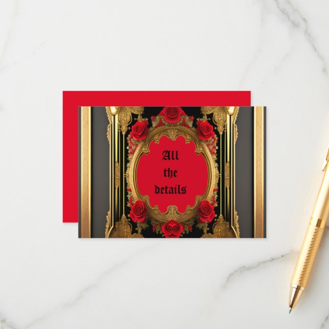 Carte D'accompagnement Cadre doré aux roses rouges, mariage gothique (Devant/Arrière en situation)