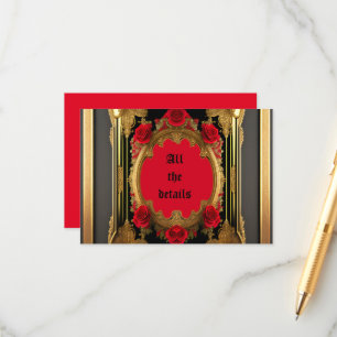 Carte D'accompagnement Cadre doré aux roses rouges, mariage gothique