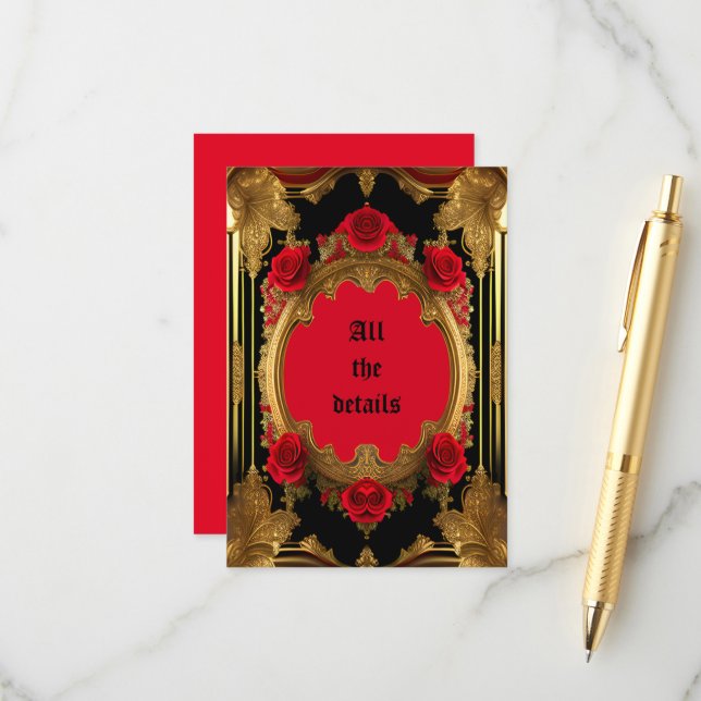 Carte D'accompagnement Cadre doré aux roses rouges, mariage gothique (Devant/Arrière en situation)