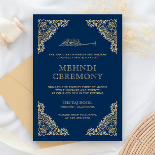 Carte D'accompagnement Cadre floral bleu et or islamique musulman Mehndi