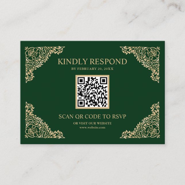 Carte D'accompagnement Cadre vert et or QR Code RSVP Site Mariage (Devant)