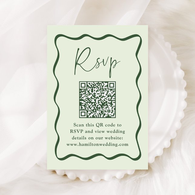 Carte D'accompagnement Cadre vert moderne Wavy Frame QR Code Mariage RSVP (Créateur téléchargé)
