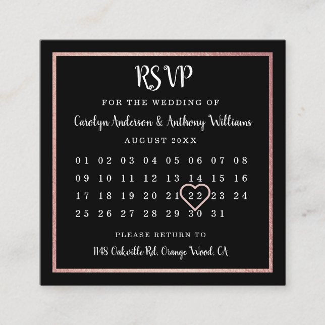 Carte D'accompagnement Calendrier Gold Foil Rose moderne RSVP (Devant)