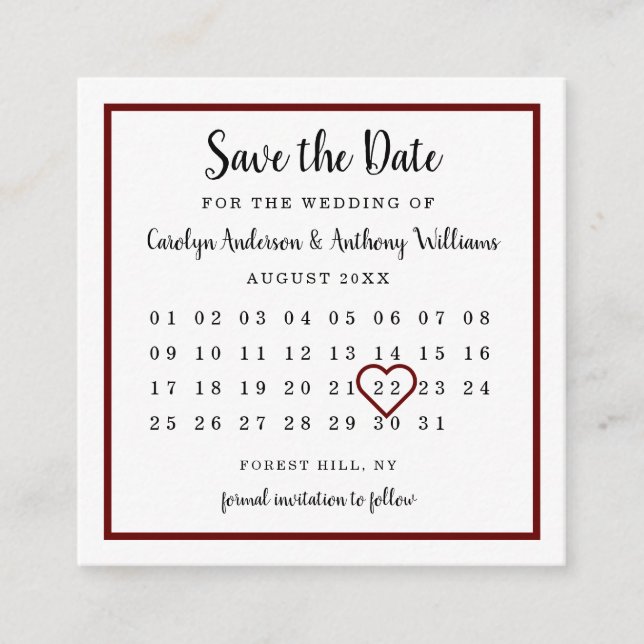 Carte D'accompagnement Calendrier Rouge Vin Moderne Enregistrer La Date (Devant)