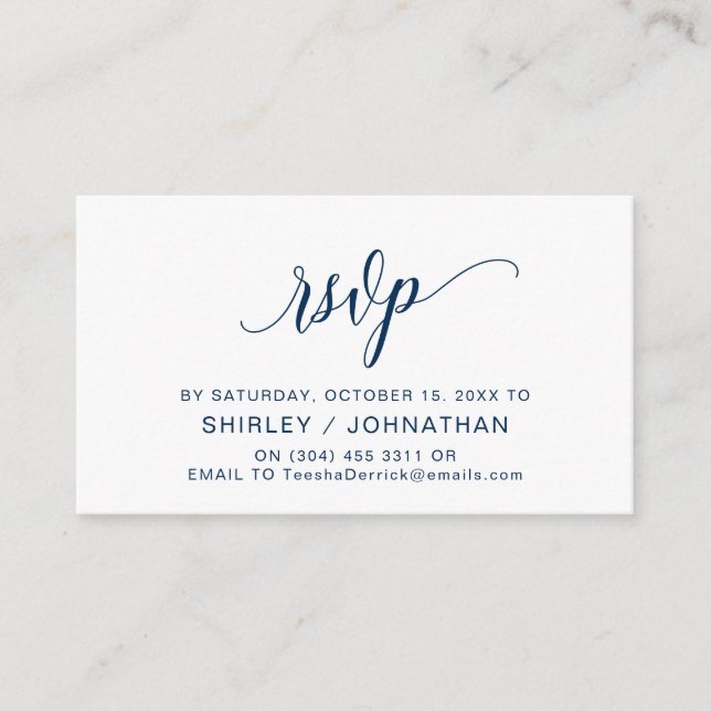 Carte D'accompagnement Calligraphie bleu marine moderne, mariage RSVP (Devant)