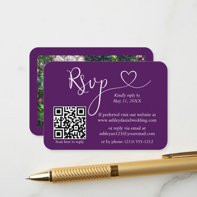 Carte D'accompagnement Calligraphie Coeur Mariage photo violet RSVP QR (Devant/Arrière en situation)