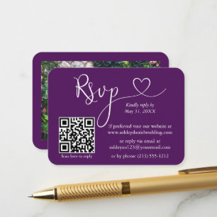 Carte D'accompagnement Calligraphie Coeur Mariage photo violet RSVP QR
