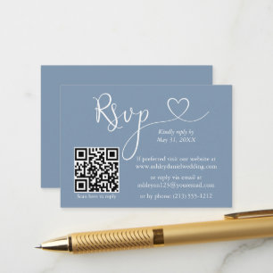 Carte D'accompagnement Calligraphie Cœur Mariage QR RSVP Bleu Poussiéreux