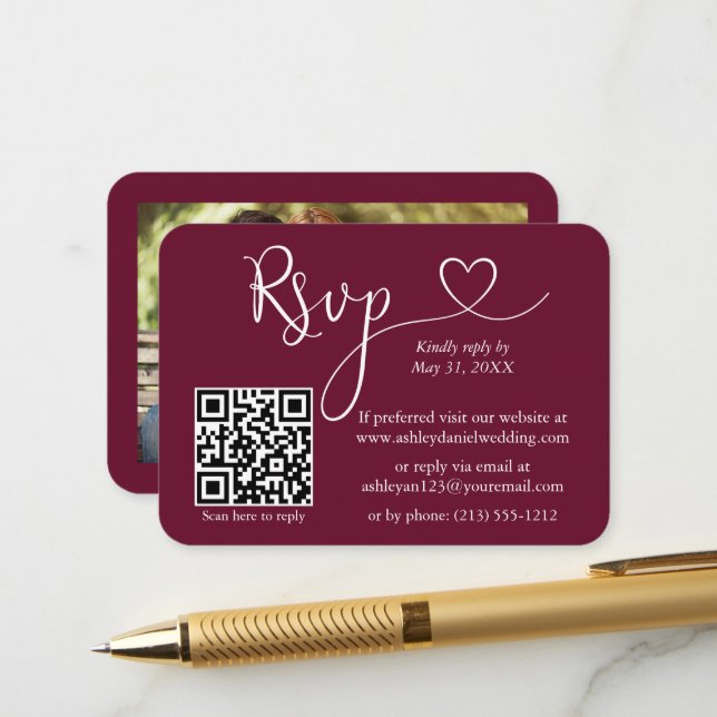 Carte D'accompagnement Calligraphie Coeur Photo Mariage Bourgogne RSVP QR (Devant/Arrière en situation)
