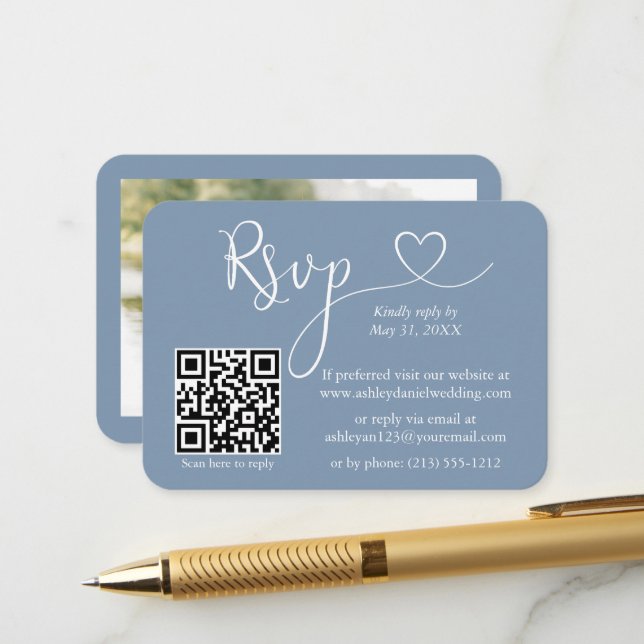 Carte D'accompagnement Calligraphie Coeur Photo Mariage Dusty Blue RSVP Q (Devant/Arrière en situation)