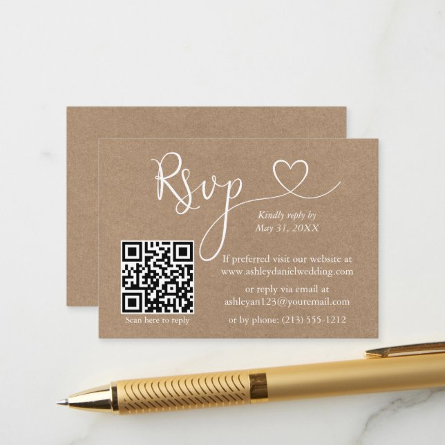 Carte D'accompagnement Calligraphie Coeur QR Kraft Mariage RSVP (Devant/Arrière en situation)