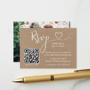 Carte D'accompagnement Calligraphie Coeur QR Photo Kraft Wedding RSVP