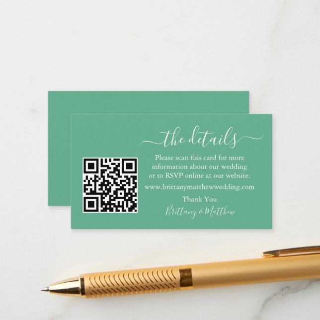 Carte D'accompagnement Calligraphie Détails du Mariage Site Web QR Mint G (Devant/Arrière en situation)