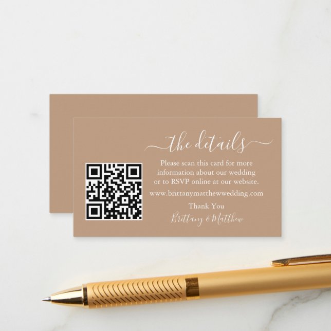 Carte D'accompagnement Calligraphie Détails du Mariage Site Web QR Taupe (Devant/Arrière en situation)